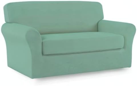 Easy-Going 2 Pieces Microfiber Stretch Sofa Slipcover – Spandex Soft Fitted Sofa Couch Cover, Washable Furniture Protector with Elastic Bottom Kids, Pet (Loveseat, Cyan)