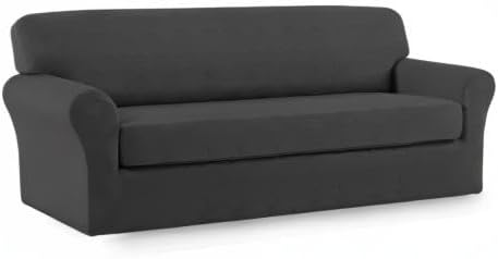Easy-Going 2 Pieces Microfiber Stretch Sofa Slipcover – Spandex Soft Fitted Sofa Couch Cover, Washable Furniture Protector with Elastic Bottom Kids,Pet (Sofa, Dark Gray
