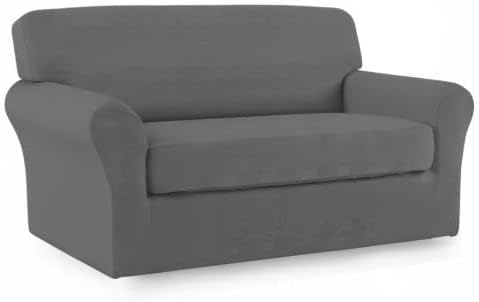 Easy-Going 2 Pieces Microfiber Stretch Sofa Slipcover – Spandex Soft Fitted Sofa Couch Cover, Washable Furniture Protector with Elastic Bottom Kids, Pet (Loveseat, Grey)