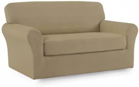 Easy-Going 2 Pieces Microfiber Stretch Sofa Slipcover Spandex Soft Fitted Sofa Couch Cover, Washable Furniture Protector with Elastic Bottom Kids, Pet (Medium, Tan)