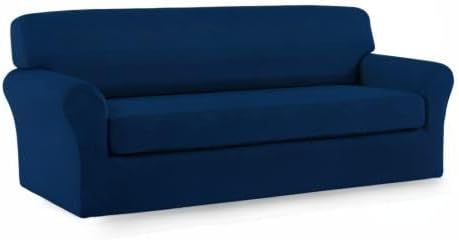 Easy-Going 2 Pieces Microfiber Stretch Sofa Slipcover – Spandex Soft Fitted Sofa Couch Cover, Washable Furniture Protector with Elastic Bottom Kids,Pet (Sofa, Navy