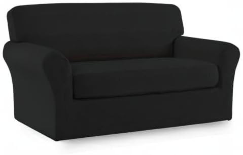 Easy-Going 2 Pieces Microfiber Stretch Sofa Slipcover Spandex Soft Fitted Sofa Couch Cover, Washable Furniture Protector with Elastic Bottom Kids, Pet (Loveseat, Black, Medium)