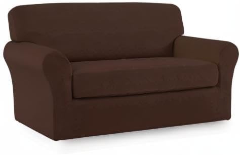 Easy-Going 2 Pieces Microfiber Stretch Sofa Slipcover – Spandex Soft Fitted Sofa Couch Cover, Washable Furniture Protector with Elastic Bottom Kids, Pet (Loveseat, Coffee)