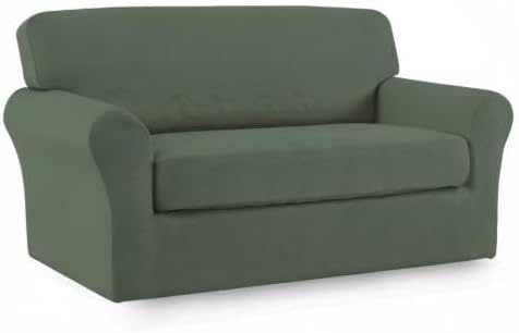 Easy-Going 2 Pieces Microfiber Stretch Sofa Slipcover – Spandex Soft Fitted Sofa Couch Cover, Washable Furniture Protector with Elastic Bottom Kids, Pet (Loveseat, Greyish Green)