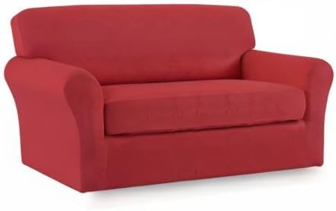 Easy-Going 2 Pieces Microfiber Stretch Sofa Slipcover – Spandex Soft Fitted Sofa Couch Cover, Washable Furniture Protector with Elastic Bottom Kids, Pet (Loveseat, Christmas Red)