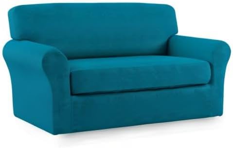 Easy-Going 2 Pieces Microfiber Stretch Sofa Slipcover – Spandex Soft Fitted Sofa Couch Cover, Washable Furniture Protector with Elastic Bottom Kids, Pet (Loveseat, Peacock Blue)
