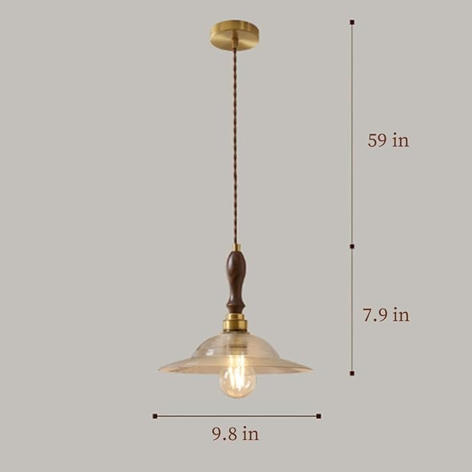 French Clear Disc Glass Hanging Lamp Vintage Wood Decorate Hanging Light 7.9in Golden Metal Base Hanging Lights with E26/E27 Base for Kitchen Home Island Bedroom