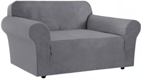 H.VERSAILTEX Stretch Couch Cover Loveseat Covers for 2 Cushion Couch Slipcover|Sofa Cover for Love seat 1 Piece with Elastic Bottom, Checked Jacquard Fabric(Loveseat 58'-70' Wide, Grey)