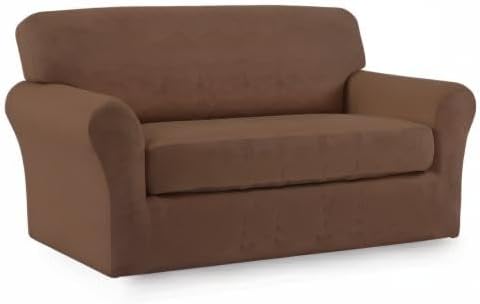 Easy-Going 2 Pieces Microfiber Stretch Sofa Slipcover – Spandex Soft Fitted Sofa Couch Cover, Washable Furniture Protector with Elastic Bottom Kids, Pet (Loveseat, Brown)