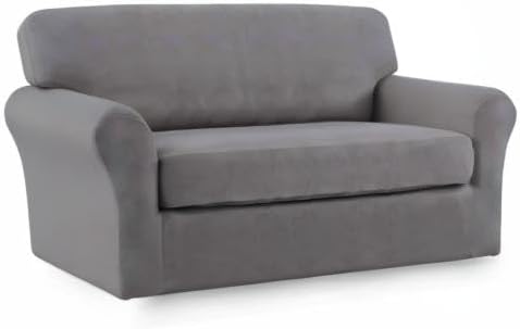 Easy-Going 2 Pieces Microfiber Stretch Sofa Slipcover – Spandex Soft Fitted Sofa Couch Cover, Washable Furniture Protector with Elastic Bottom Kids, Pet (Loveseat, Light Gray)