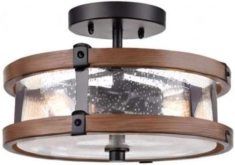 Farmhouse 2-Light Ceiling Light Fixture, Semi Flush Mount Ceiling Light with Seeded Glass Shade, Rustic Retro Ceiling Lamp for Kitchen Hallway Entryway