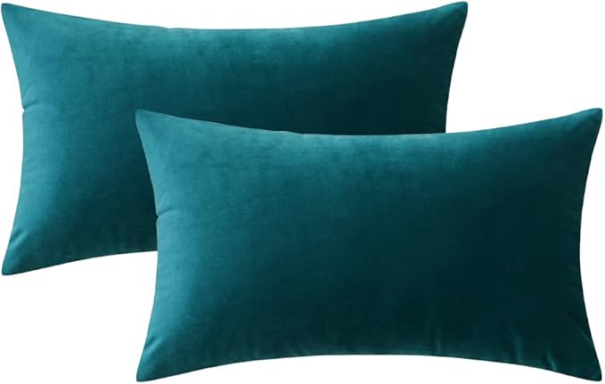 MIULEE Pack of 2 Teal Velvet Throw Pillow Covers 12x20 Inch Soft Solid Decorative Set Lumbar Cushion Cases for Spring Couch Sofa Bedroom
