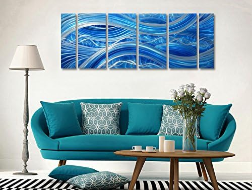 MyArton Handmade Abstract Metal Wall Art with Soft Color, Large Scale Decor in Blue Line Design, 3D Artwork for Indoor Outdoor Wall Decorations, 6-Panels Metal Art Measure 24"x 65"