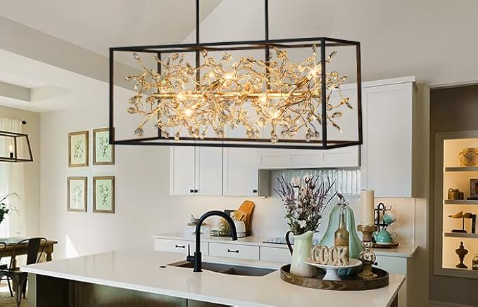Vezzio Black and Gold Chandelier, 8-Light Rectangle Crystal Chandeliers Rectangular Modern Luxury Pendant Light Fixture for Dining Room Kitchen Island Large, L38.5 Inch
