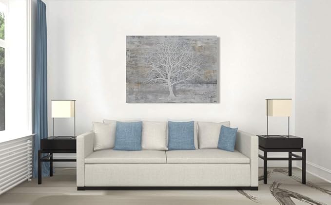 Yihui Arts Tree Of Life Canvas Wall Art Hand Painted Grey White Beige Paintings Modern Abstract Forest Pictures Artwork for Living Room Bedroom Office Decoration