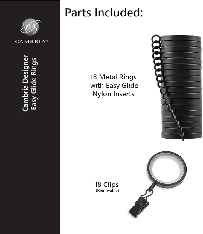 MODE Cambria Designer Series - Premium Easy Glide 18 Count Small Curtain Rings - Metal with Nylon Inserts and Clips - 1 inch Inner Diameter - use for rods 5/8" or Smaller - Brushed Gold
