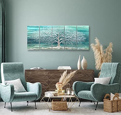 RICHSPACE ARTS Blue Green Metal Wall Art Silver Tree of Life 3d Artwork Extra Large Teal Sculpture Decor on Aluminum for Bedroom Living Room Kitchen Room Dining Room Walls Set of 5 Panels