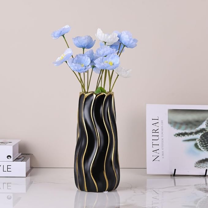 7.5" Black Ceramic Vase - Minimalist Black and Gold Flower Vase, Small Pampas Grass Vase, Boho Decorative Centerpiece Vase for Home Decor, Wedding, Housewarming, Table, Shelf, Mantel, and Entryway
