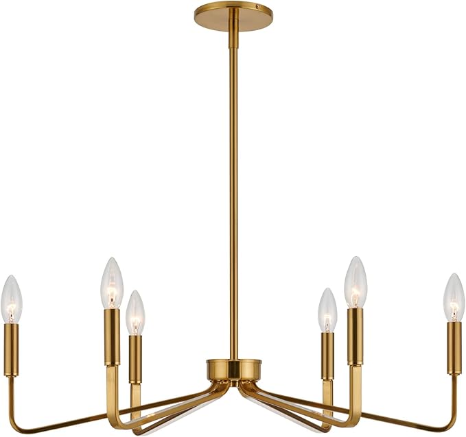 Gold Farmhouse Chandeliers for Dining Room, 6-Light Modern Chandelier Light Fixture, Brushed Brass Industrial Candle Lighting Hanging Ceiling for Living Room Bar Kitchen Island Lights