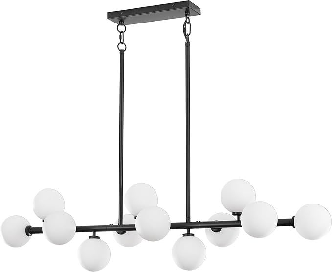 50 Inch Large Globe Sputnik Chandelier, 12-Light Mid Century Modern Light Fixture Over Table, Black Linear Chandeliers for Dining Room Kitchen Island Living (Milk White Glass Bubble Shades)