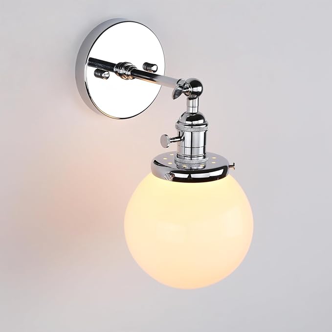 PERMO Vintage Industrial Wall Sconce Lighting Fixture with Mini 5.9" Round Globe Milk White Glass Hand Blown Shade Chrome Sconce