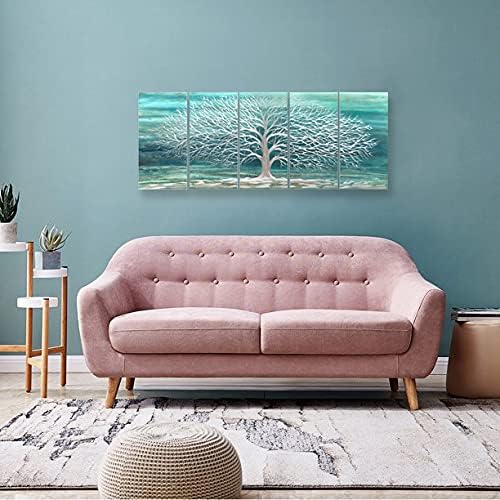 RICHSPACE ARTS Home and Kitchen Metal Wall Art Gray White Tree Turquoise Nature Scene Decor 3d Wall Sculpture with Hanger Set of 5-Piece Ornament