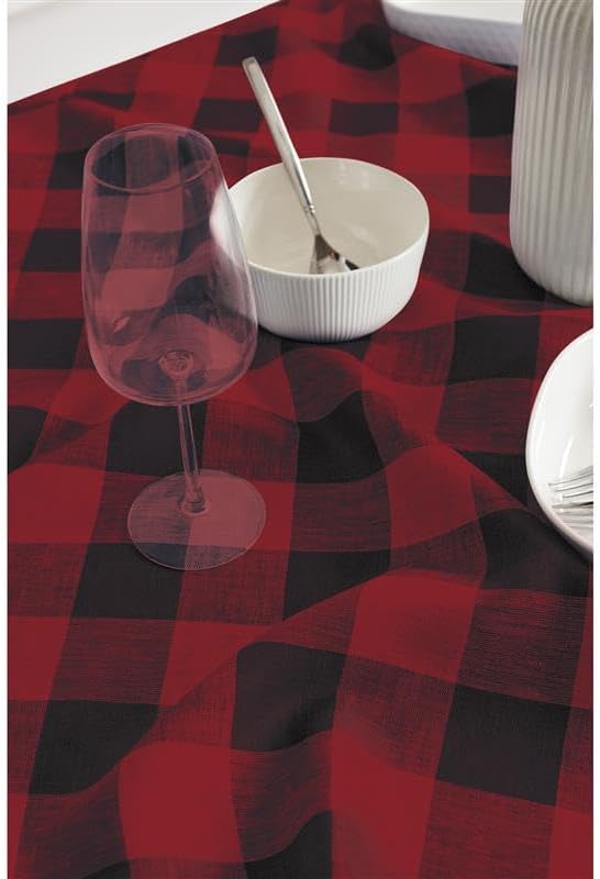 Solino Home Linen Checkered Tablecloth 60 x 108 Inch - 100% Pure Linen Buffalo Plaid Red and Black Table Cloth for Rectangular Tables - Machine Washable Tablecloth for Christmas