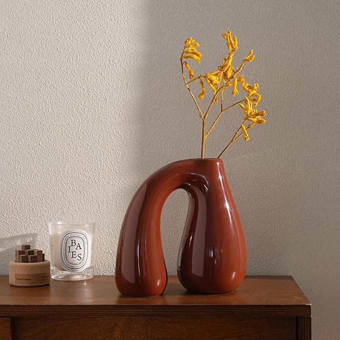 Brown Ceramic Decorative Pitcher Vase, 7.5 in – Glossy Sculptural Arch-Handle, Warm Earth-Tone Home Décor for Fresh or Dried Floral Arrangements, Table/Shelf/Entryway, Giftable