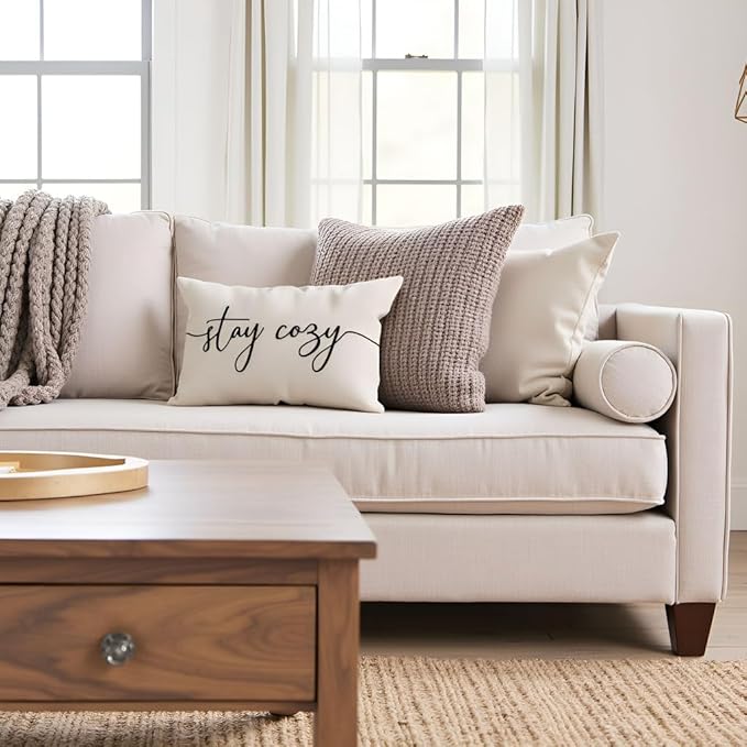 PANDICORN Throw Pillow Cover 12x20 Inch Cream, Stay Cozy Decorative Lumbar Cushion Case for Couch Sofa Bed, Neutral Farmhouse Home Decor for Living Room or Entryway Bench Decoration