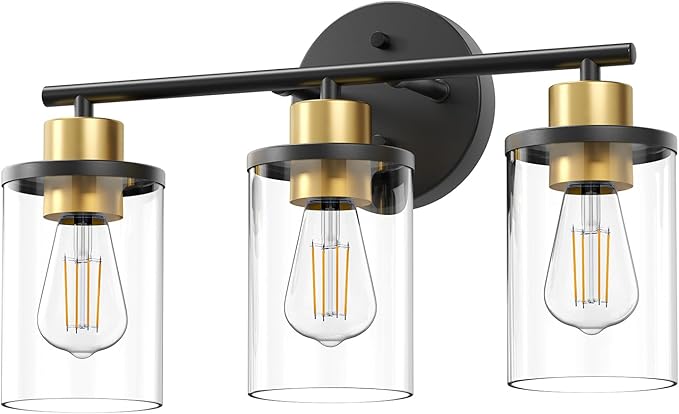 EDISHINE Bathroom Light Fixtures, 3-Light Bathroom Vanity Lights Over Mirror, Modern Bath Wall Sconce Lamp with Clear Glass Shade for Powder Room, Vanity Table, Mirror, Kitchen Black and Gold