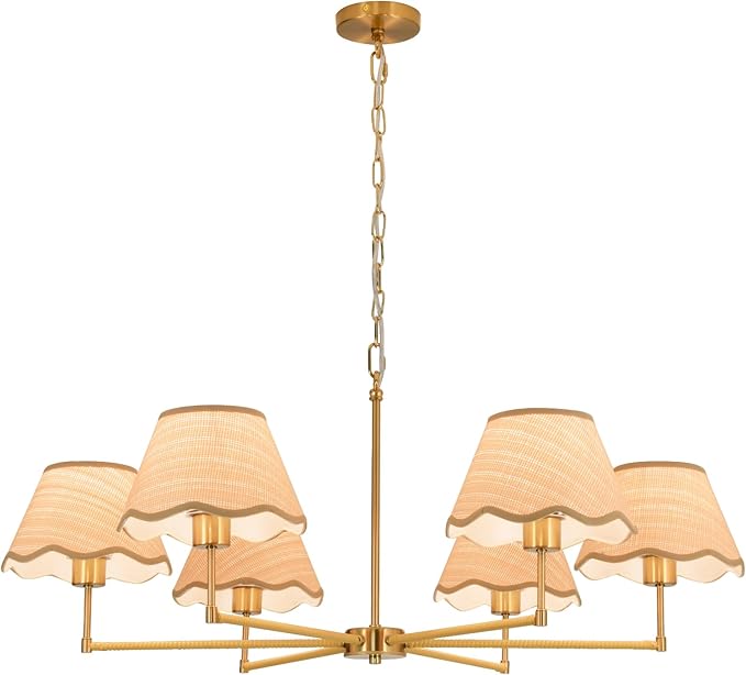 6-Light Boho Rattan Chandelier 39″ Rattan Pendant Light with Hand-Woven Shade Adjustable Height Vintage Dining Room Chandelier for Kitchen Island Living Room Bedroom Foyer E26 Base