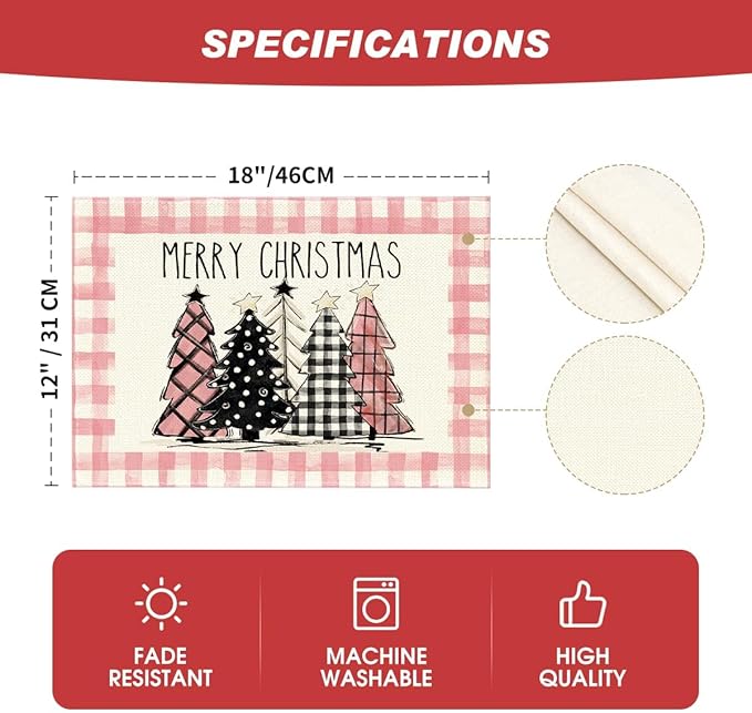 Artoid Mode Waterclor Pink Buffalo Plaid Christmas Trees Placemats Set of 4, 12x18 Inch Winter Table Mats for Outdoor Home Party Kitchen Dining Decor