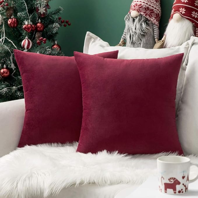MIULEE Pack of 2 Velvet Pillow Covers Christmas Decorative Square Pillowcase Soft Solid Wine Red Cushion Case Home Decor for Sofa Couch Bedroom Car 22x22 Inch