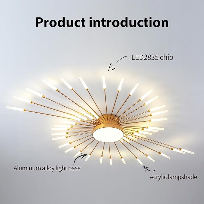 JAYMP Ceiling Light Modern Flower Shape Ceiling Lamp for Living Room Dining Room Flush Mount Metal Acrylic Sputnik Firework Petal LED Lighting Fixture (Matte Gold, 42+1 Lights)