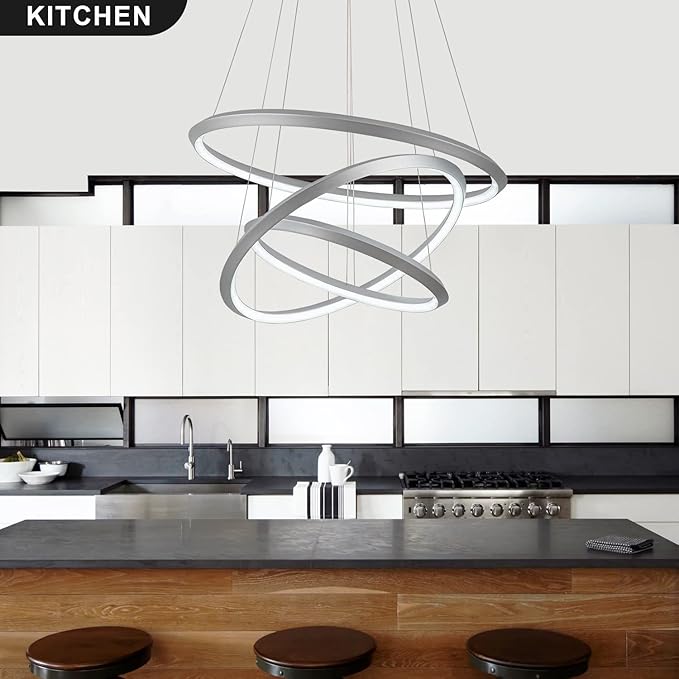 Modern LED Chandelier Room Decor 3 Ring Circular Chandelier Dimmable 23.6”Round Pendant Light Contemporary for Dining Living Room Foyer Bedroom 6000K Silver 5040lm