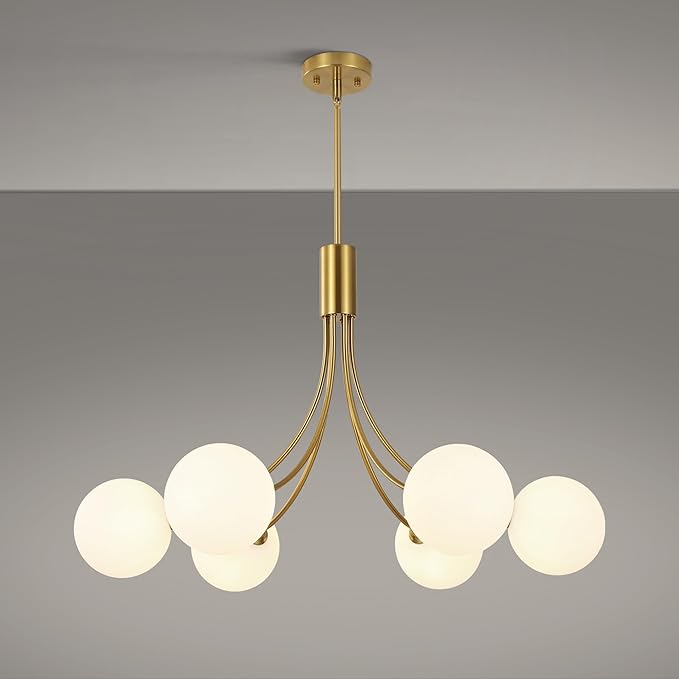 6-Light Modern Gold Sputnik Chandelier Mid Century Brushed Brass Light Fixture with Milk Glass Globes for High Ceiling Dining Room Kitchen Island Living Room