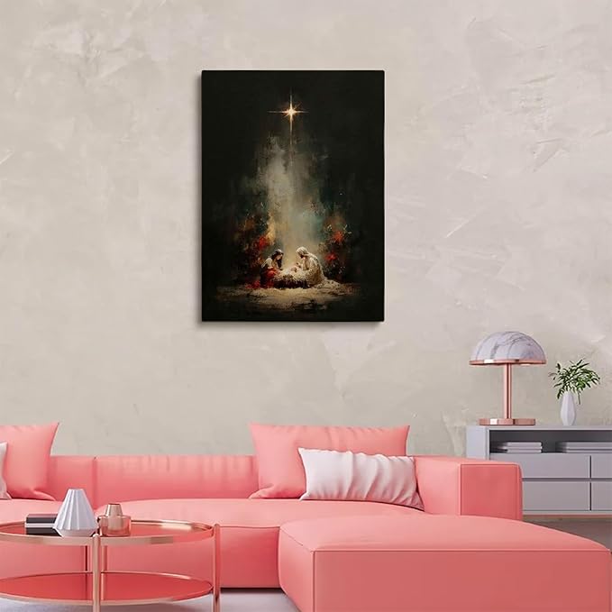 Holy Family Portrait Nativity Print Painting,Bethlehem Night Scene,Christmas Starry Night Nativity Scene Wall Art,Religious Canvas Print,Christian Home Decor