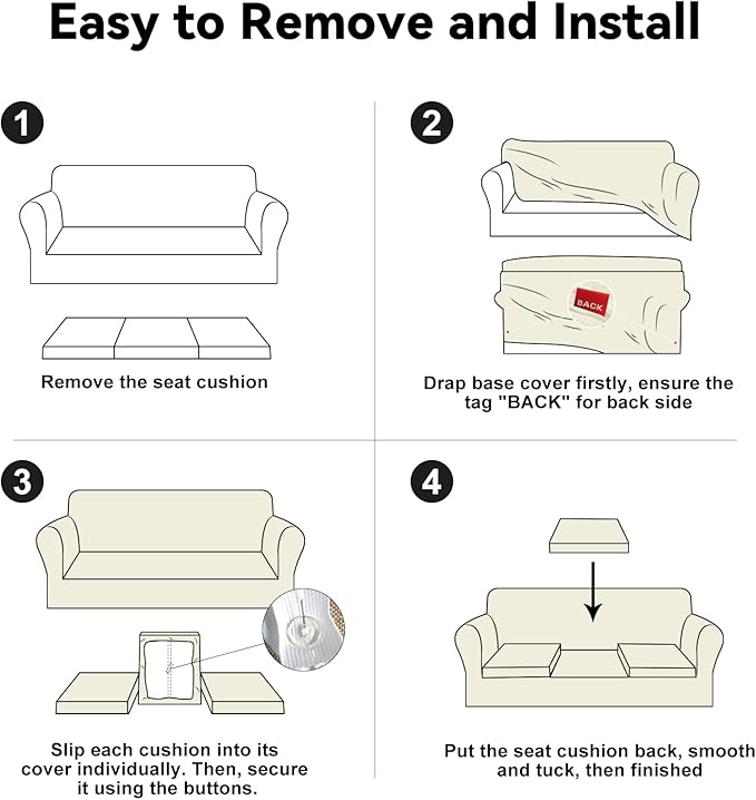 100% WaterproofCouch Cover 4-Piece Set Striped Sofa Slipcovers for 3 Cushion Couch Sofa Covers with TPU Leakproof Bottom Stretch Couch Protector Pet Proof - Sofa(3-Cushion), Ivory