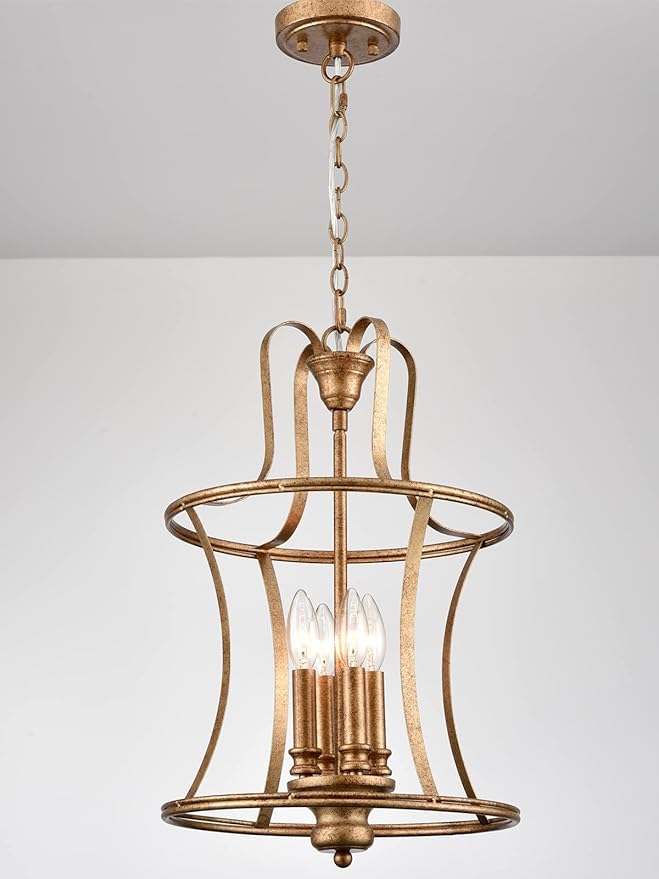 Modern Lantern Pendant Light 4-Light Chandelier Lighting, Rusty Gold for Kitchen Island Dining Room Entryway
