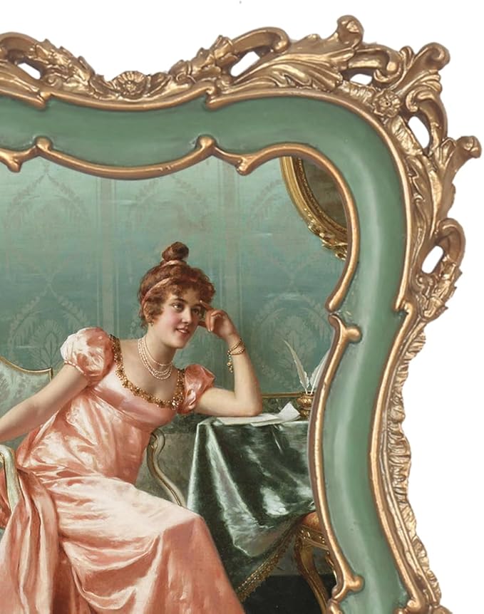 WINPLUS+ 5x7 Vintage Picture Frame, Wall Mount and Tabletop Display, Art Gallery Gift (Green and Gold 5x7)