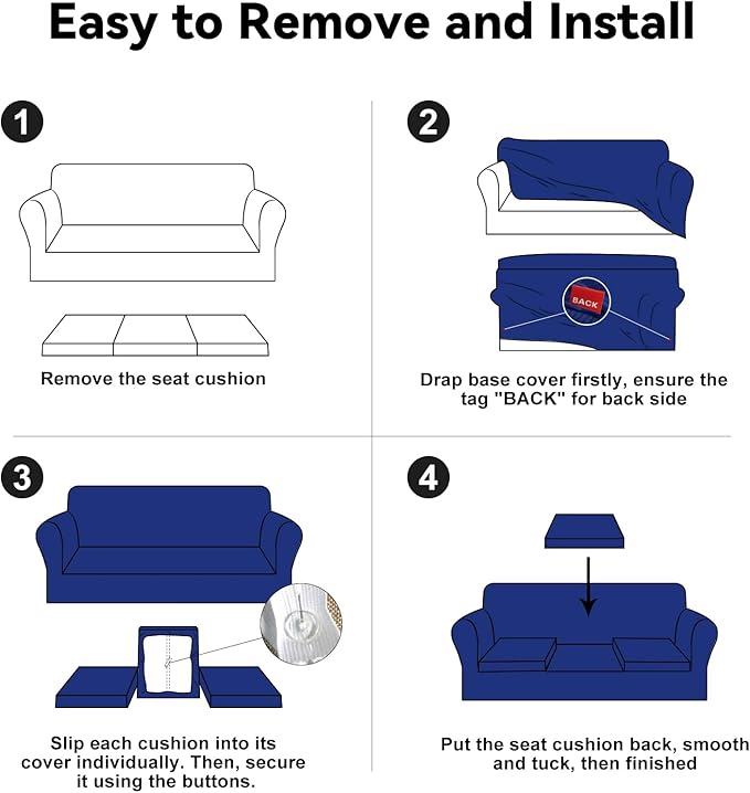 100% Waterproof Extra Large Couch Cover 4-Piece Set Striped Sofa Slipcovers for 3 Cushion Couch Covers with TPU Leakproof Bottom Stretch Protector Pet Proof - Sofa(3-Cushion), Navy