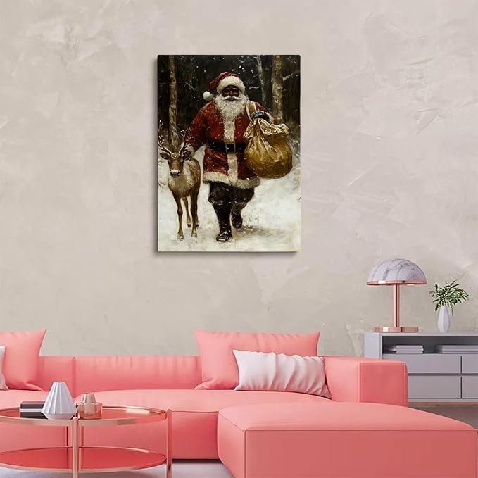 Coming to Town | Vintage Black Santa Claus Wall Art,Winter Holiday Decor,Christmas Print,Pockets Prints,African Santas With Reindeer Painting