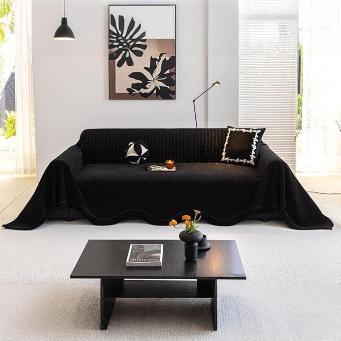 ROOMLIFE Black Sofa Cover, Vintage Boho Couch Cover for 3 Cushion Sofa, Non Slip Soft Chenille Sofa Slipcovers for Dog, Washable Furniture Sofa Protector Cover with Tassel for Living Room, 71''X150”