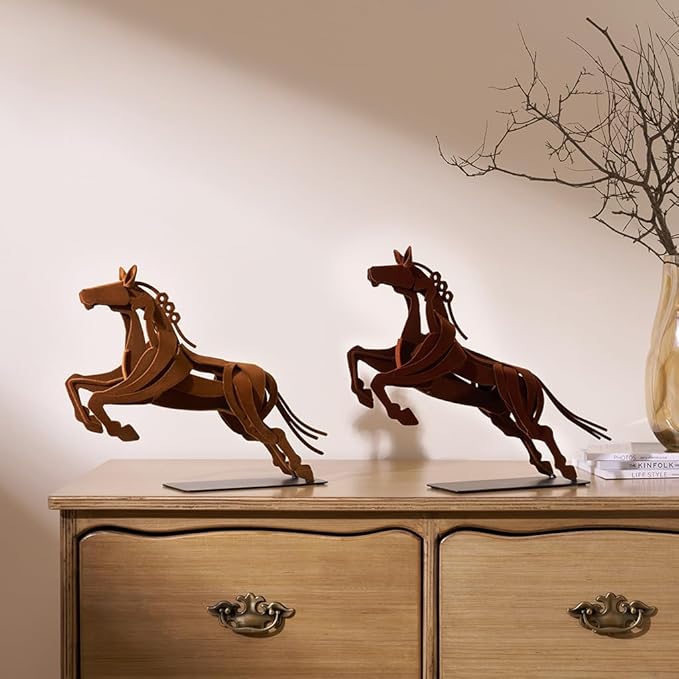 Handcrafted Flocked Iron Horse Sculpture, Handmade Rustic Metal Horse Statue, Dynamic Leaping Horse Figurine for Home Decor, Office Desk Decor, Gift for Horse Lovers