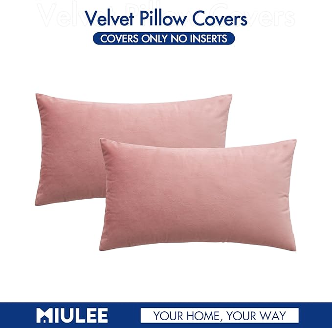 MIULEE Pack of 2 Pillow Covers Velvet Throw Pillow Covers Decorative Cushion Case for Spring Sofa Bedroom Couch 12x20 Inch Dusty Pink