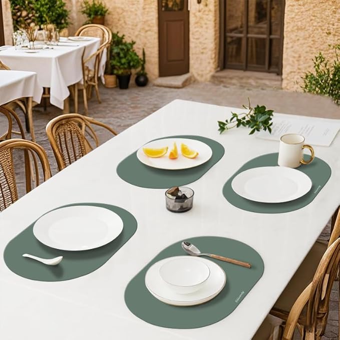 Silicone Placemats, Oval Placemats Set of 4. Heat-Resistant and Easy to Clean Siliconty Mats, Non-Slip Silicone Placemats for Table Protection. (2, Dark Green)