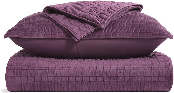 EVERGRACE Velvet Quilt King Size, Luxury Velvet Bedding Set, Ultra Soft Ruched Quilt Sets, Lightweight Comforter Vintage Textured Bedspread Coverlet with 2 Shams for All Season, Mauve Purple