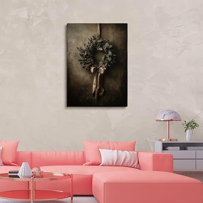 Christmas Wreath Still Life Print,Antique Holiday Wall Art,Rustic Winter Decor,Neutral Olive Green Painting,Moody Farmhouse Print
