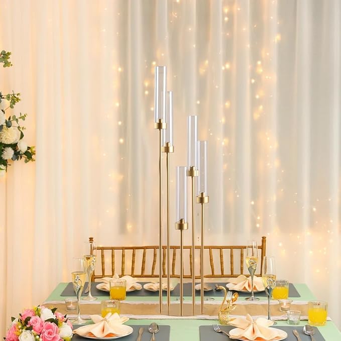 10PCS Gold Floor Candelabra,5 Arm Candle Holder Tall Floor Candle Holder with Acrylic Lampshade for Wedding Table Birthday Party Home Decoration Fit LED Taper Candles
