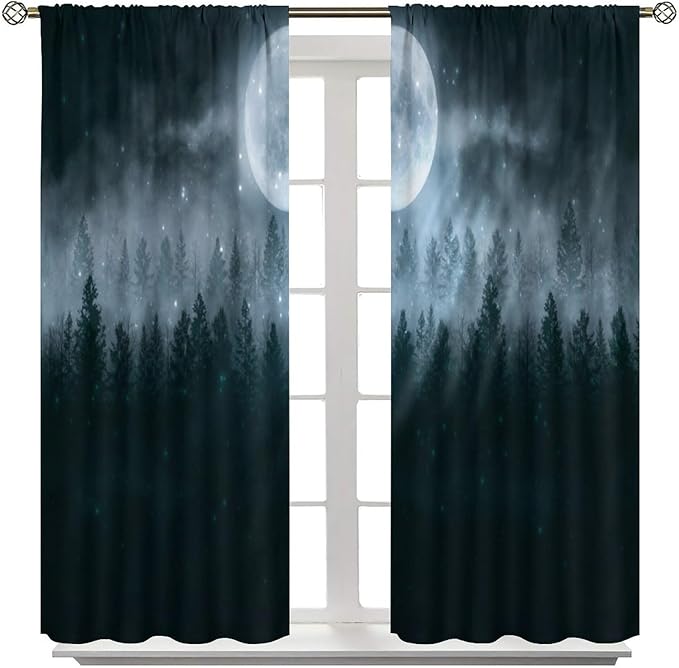 Gothic Forest Moon Blackout Curtains, Black Tree Foggy Moon Star Halloween Nature Starry Horror Window Drapes, for Living Room Bedroom 21(W)*63(L) 2 Panels